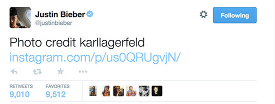 justin bieber tweet lagerfeld