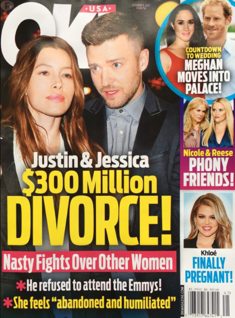 Justin Timberlake Jessica Biel Divorce Cover OK