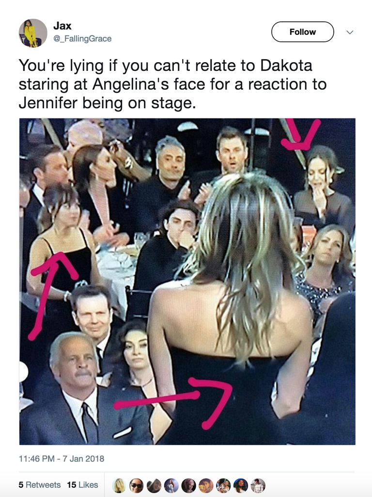 Angelina Jolie Jennifer Aniston Golden Globes Stage Reaction