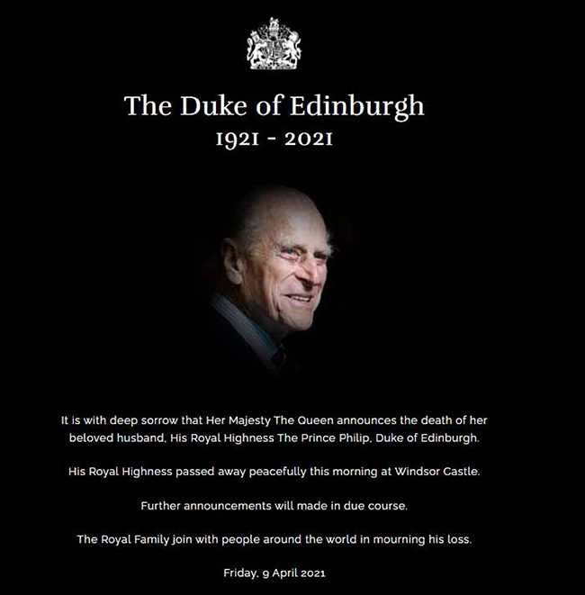 Buckingham Palace announced the death of Prince Philip